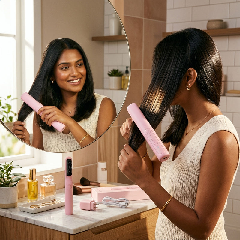 Portable Mini Hair Straightener Comb - Cordless Ceramic Styling Brush