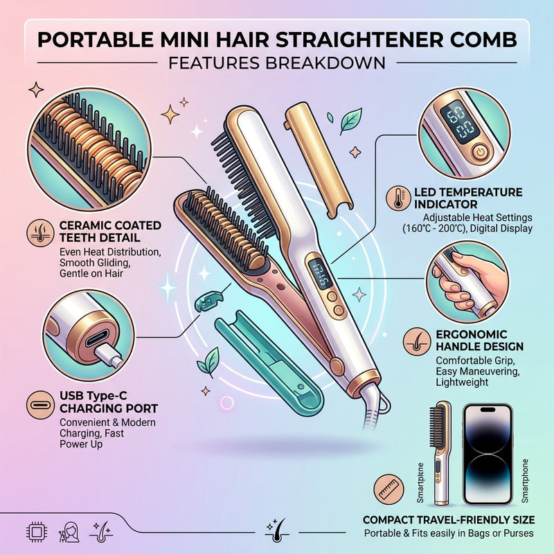 Portable Mini Hair Straightener Comb - Cordless Ceramic Styling Brush